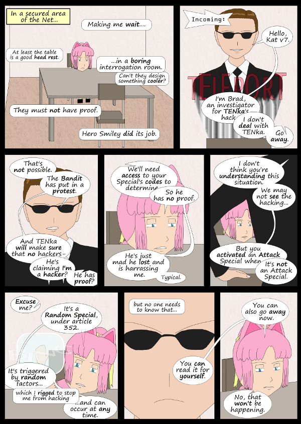 'Not A Villain' Webcomic - Kleya in an interrogation room. Hero Smiley is a Random Special