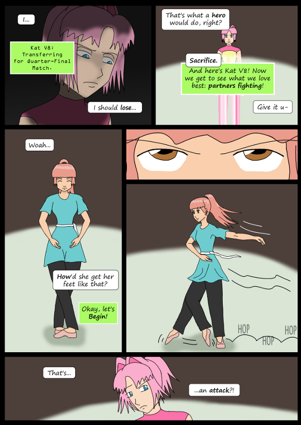 'Not A Villain' Webcomic - Danni and Kleya's fight begins! Danni starts with a ballet move.