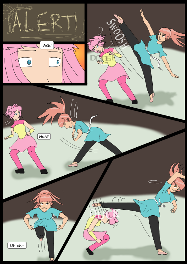 'Not A Villain' Webcomic - Danni does cool moves in order to hit Kleya but Kleya dodges them all.
