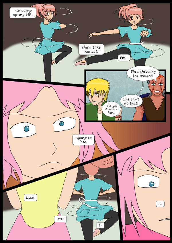 'Not A Villain' Webcomic - Danni is spinning into a kick. Kleya freaks out about losing.
