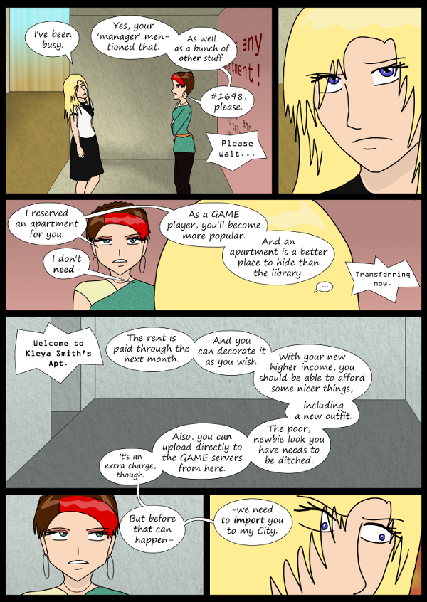 'Not A Villain' Webcomic - Sandra introduces Kleya to her new apt and states she needs to move to her City.