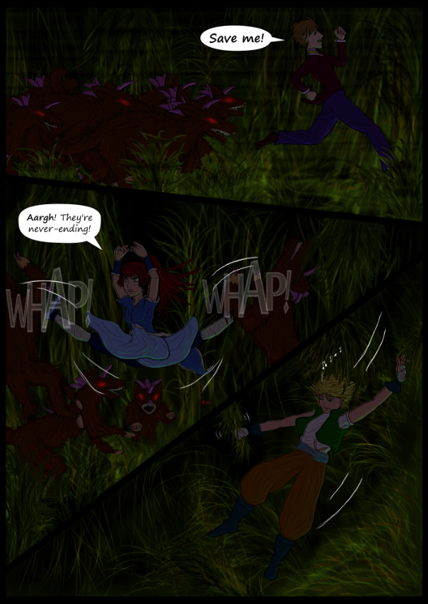 'Not A Villain' Webcomic - Fiendi overwhelming Dude and Danni and while Bandit slides down the sloped jungle land.